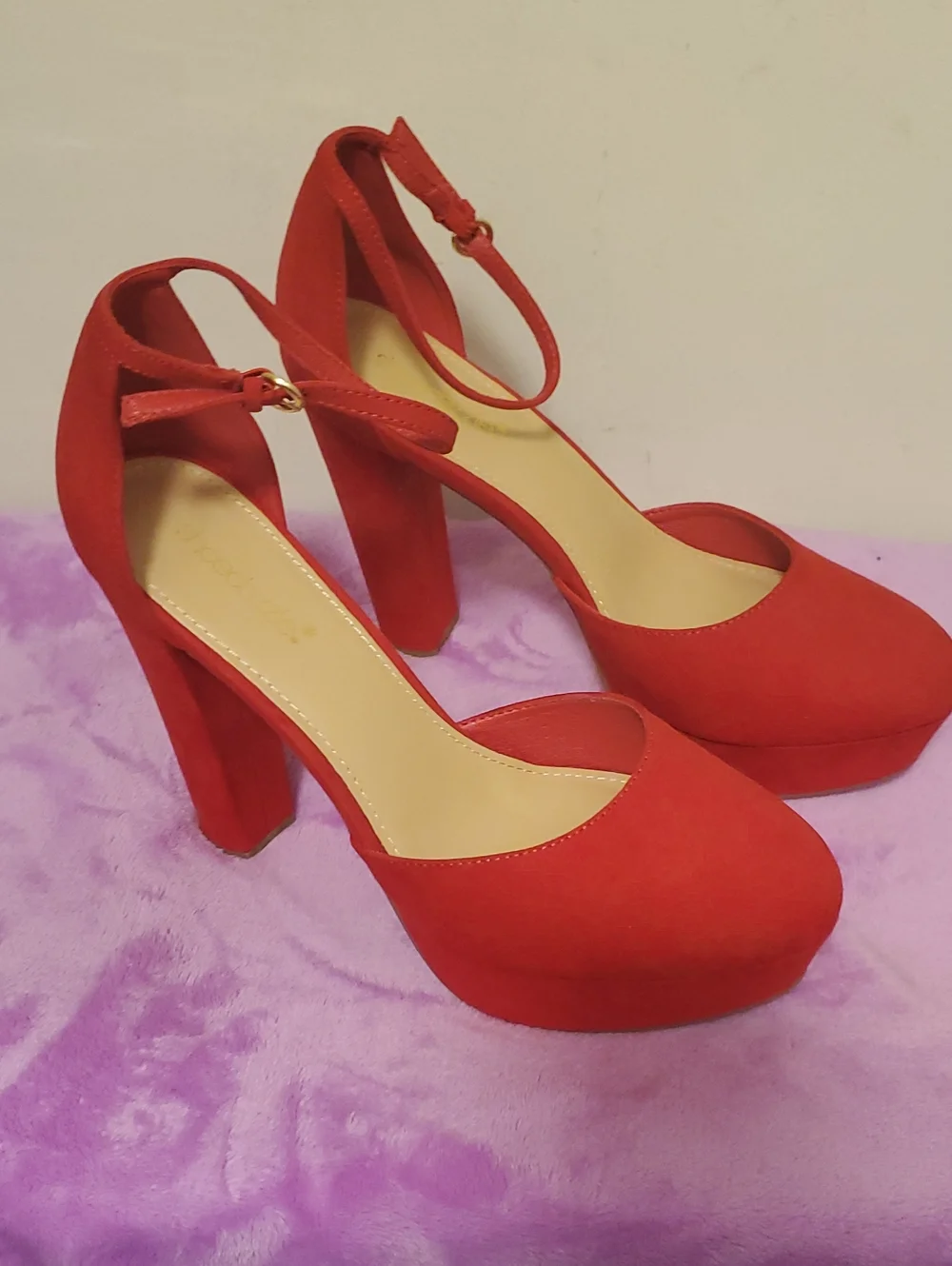 Shoe Dazzle Red Platform Ankle-Strap Block Heels